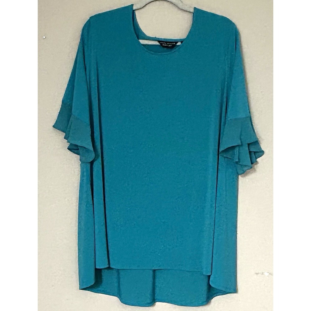 Susan Graver Every Day Teal Tunic Blouse Flutter Short Sleeve Round Neck 2X